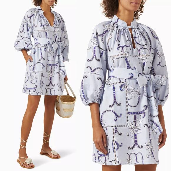 Oroton Dress Linen Lace Flower Smock Blue Floral Print Tie Neck Mini Dress 8 - Picture 1 of 10